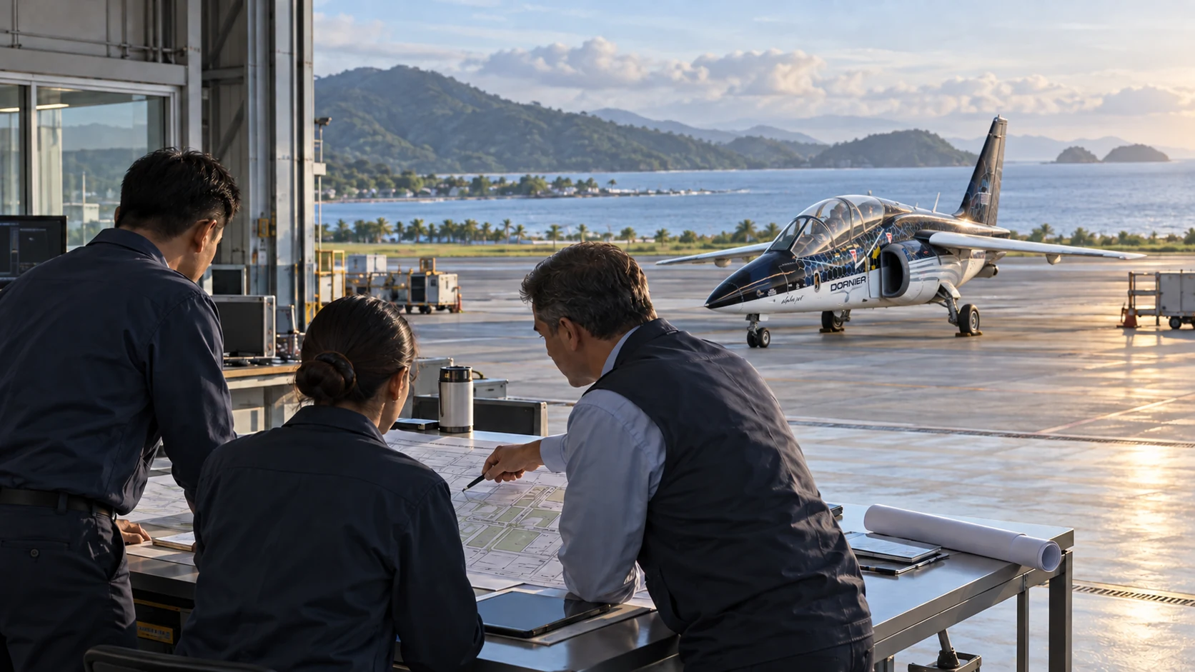 Editorial illustration of an aviation planning team with a front-facing Dornier Alpha Jet