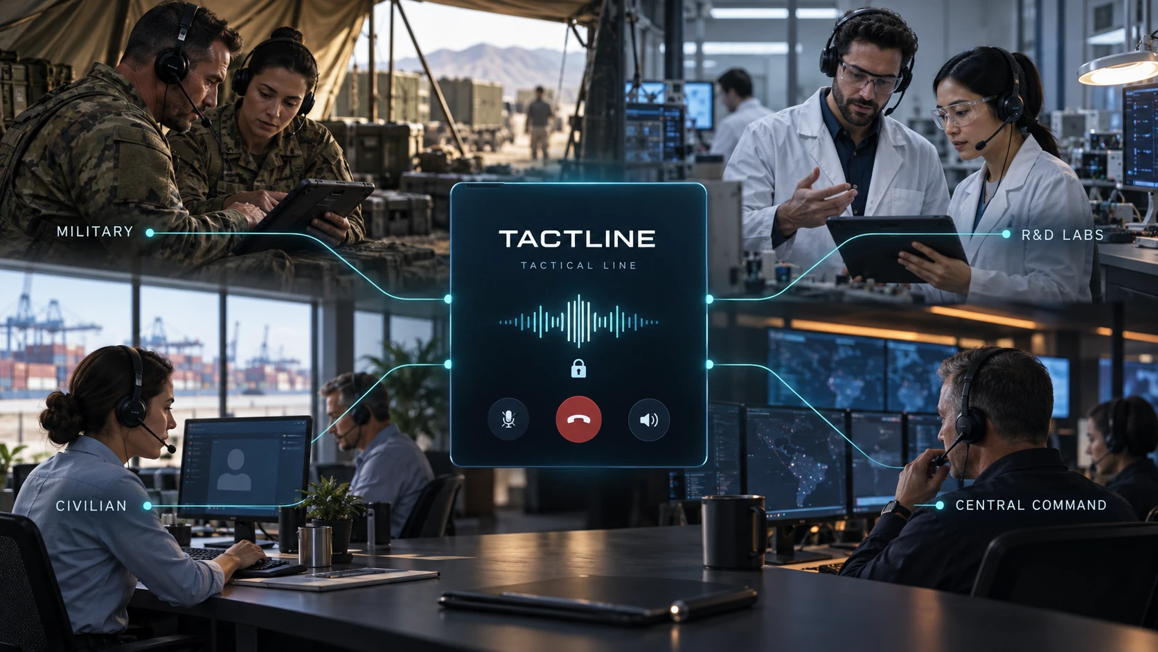 TACTLINE concept connecting military personnel, civilian logistics teams, R&D labs, and central command through encrypted communications